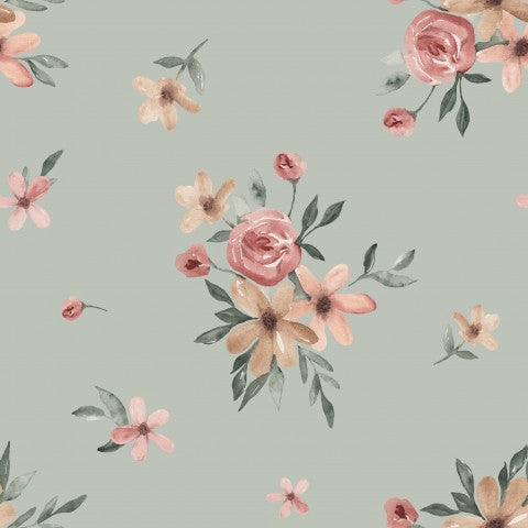 Jersey Aquarela flowers 20x20cm green