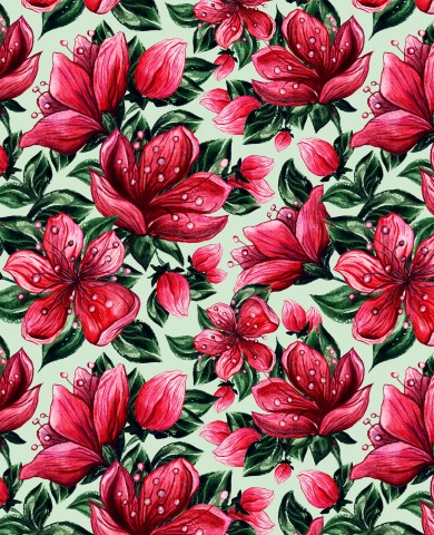 Rib Jersey Blumenmuster mit roten Blüten und Blättern