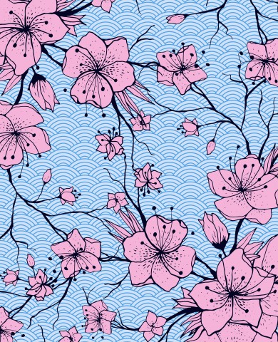 Wasserdichter Stoff Asian Style Pink Blue Sakura Branches