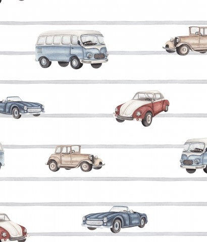  French Terry, un motivo ad acquerello di automobili su uno sfondo bianco