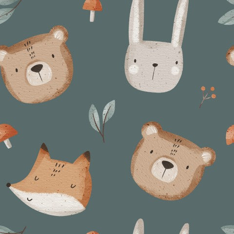  Raso di cotone con simpatici animali e funghi