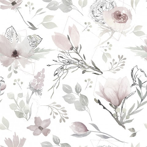  Motivo floreale French Terry con fiori e foglie rosa