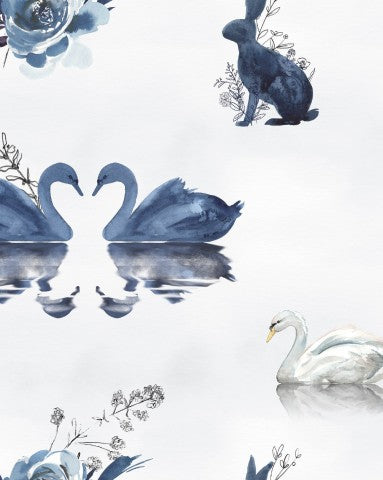 Toile coton aquarelle cygnes et fleurs sur fond blanc