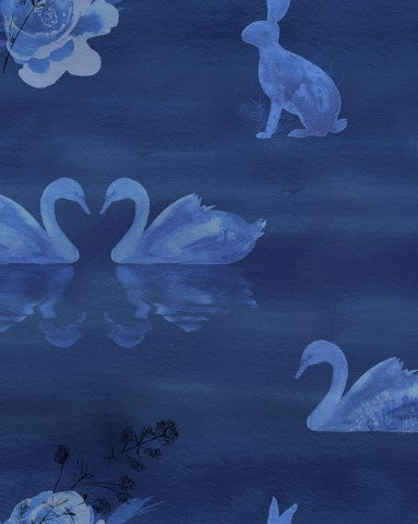 Toile de coton à motif aquarelle bleu et blanc avec cygnes et fleurs