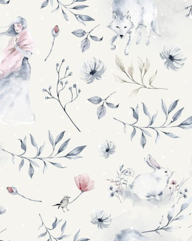  Tela di cotone con un'immagine di un motivo ad acquerello con fiori e animali