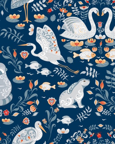 Toile de coton à motif bleu et blanc avec oiseaux et fleurs