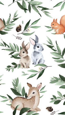 Toile de coton animaux de la forêt et feuilles