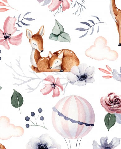 Toile coton aquarelle cerf et fleurs