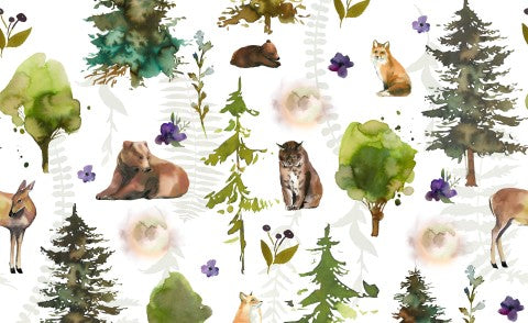 Toile de coton à motif aquarelle avec ours, cerfs et arbres