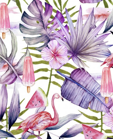 Motif aquarelle en jersey avec flamant rose, feuilles de palmier et pastèque