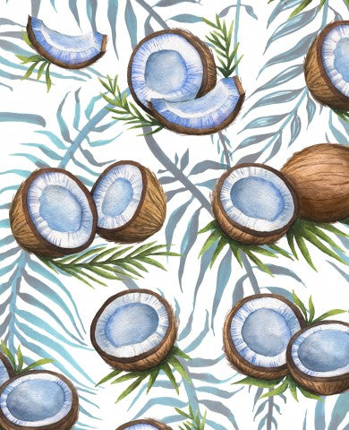 Satin de coton, feuilles de coco et de palmier sur fond blanc