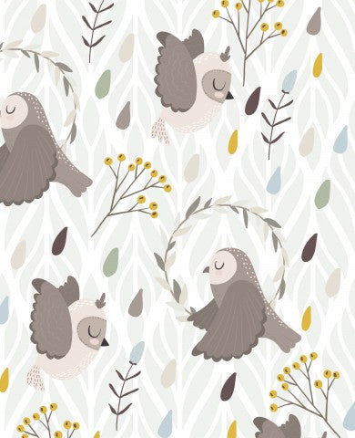 Toile de coton hiboux et feuilles