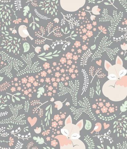 Toile de coton renards et fleurs sur fond gris