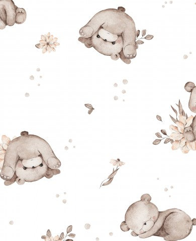Wasserdichter Stoff Baby Teddys mit Blumen 30x30cm weiß