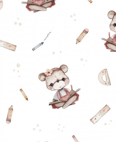 Satin cotton teddy bear and pencils