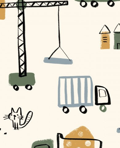 Véhicules de construction en tissu imperméable et un chat