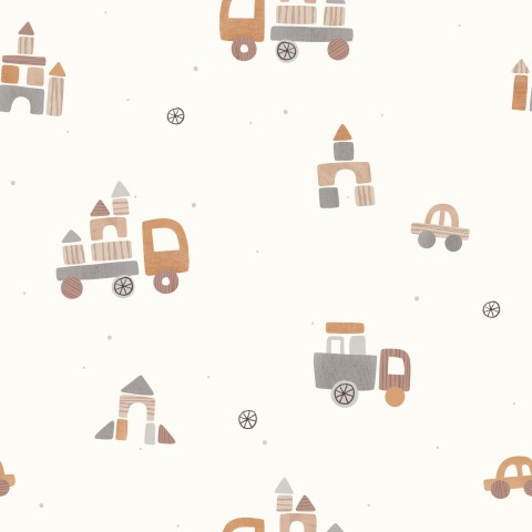  Mussola, carta da parati bianco-beige con giocattoli e camion