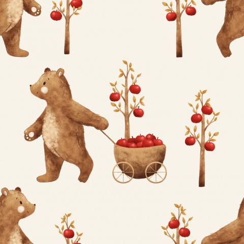 Musselin bear and apple cart 15x15 offwhite