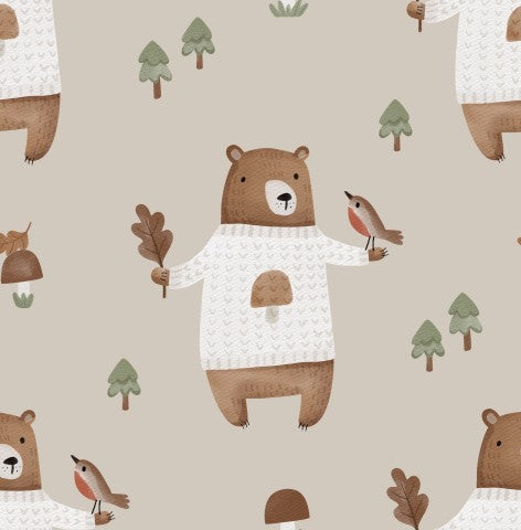 Toile de coton ours bruns et oiseaux