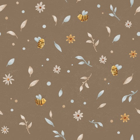Rib Jersey Bienen und Blumen auf braunem Hintergrund