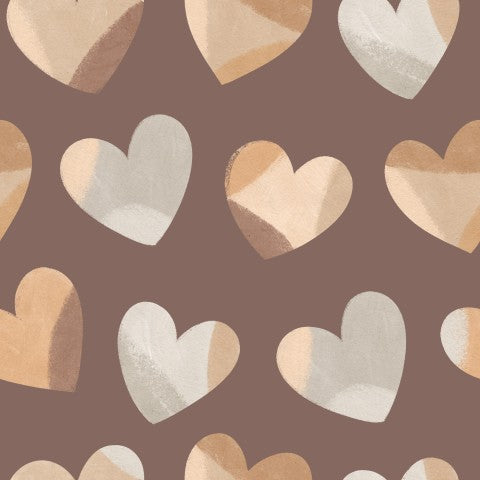 Satin cotton a brown and white pattern with hearts on it