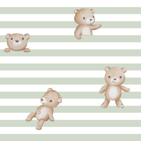 Muslin several teddy bears on a green and white striped background