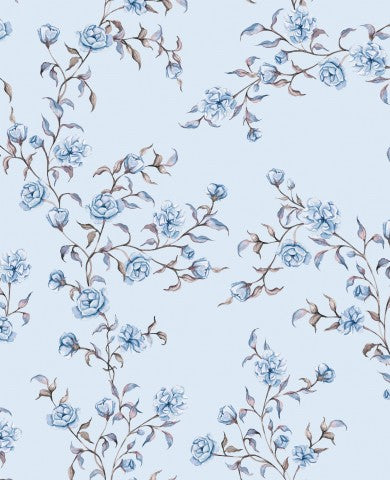 Satin cotton blue flowers on light blue background