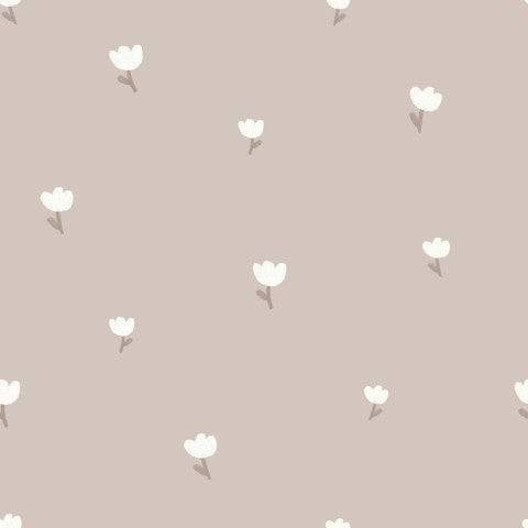  Mussola con motivo di fiori bianchi su sfondo beige