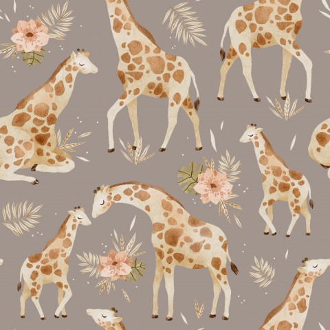 Jersey floral giraffe safari animals taupe