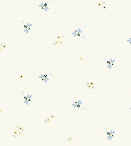  Papel pintado floral blanco y azul de algodón satinado con pequeñas flores.