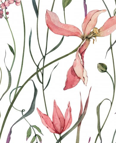  Motivo acquerello in mussola con fiori rosa e foglie verdi