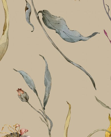  Raso di cotone con motivo di fiori e foglie su sfondo beige