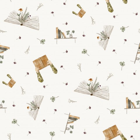 Satin de coton à motifs de livres et de plantes sur fond blanc