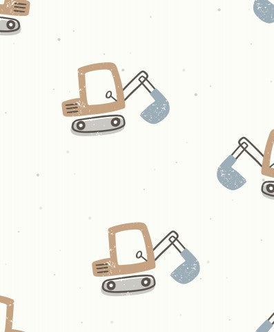 Motivo in cotone satinato raffigurante macchinari edili su sfondo bianco