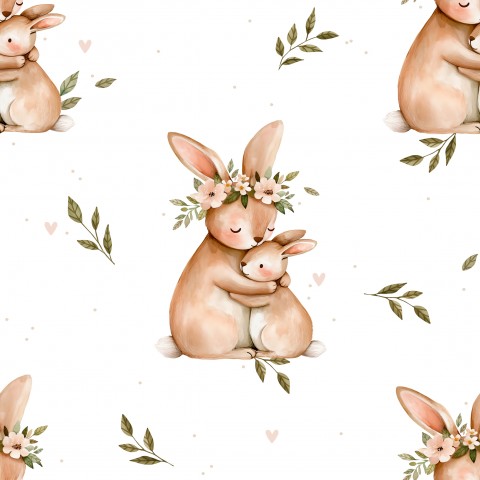 French Terry cute rabbits and flowers
