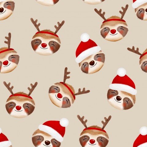 Wasserdichter Stoff christmas sloth animal heads beige mini