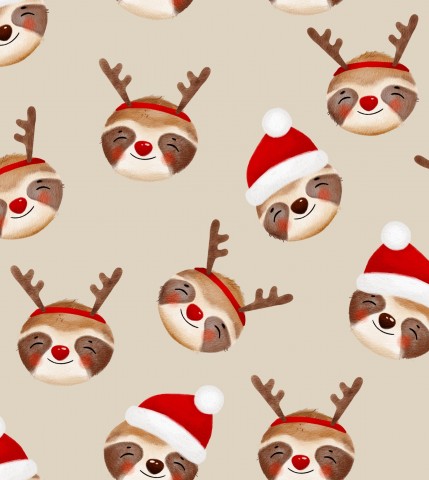 Wasserdichter Stoff christmas sloth animal heads beige