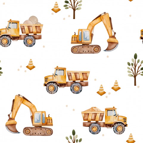 Véhicules de construction et arbres en satin de coton