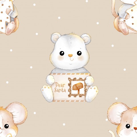 Wasserdichter Stoff cute christmas bear and mouse beige