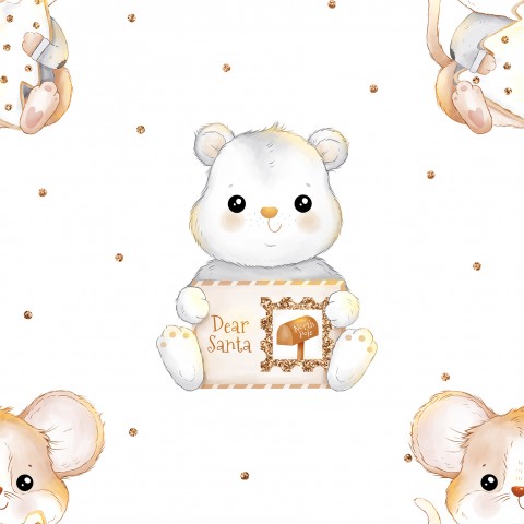 Wasserdichter Stoff cute christmas bear and mouse white