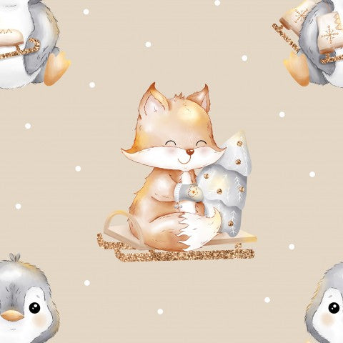 Wasserdichter Stoff cute christmas penguin and fox beige