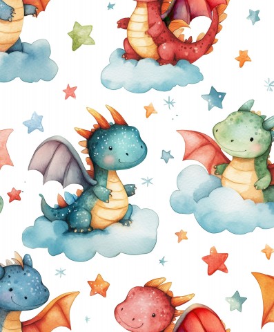 Musselin Cute Watercolour baby dragons and stars