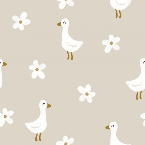 Toile de coton canards blancs et fleurs