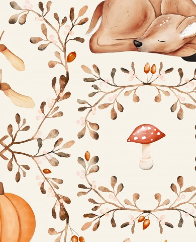 Waterproof fabric deer mushroom pumpkin woodland ecru