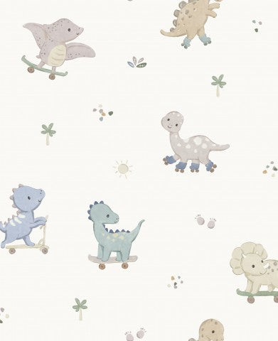 Wasserdichter Stoff Dinos On Wheels OffWhite 20x20cm