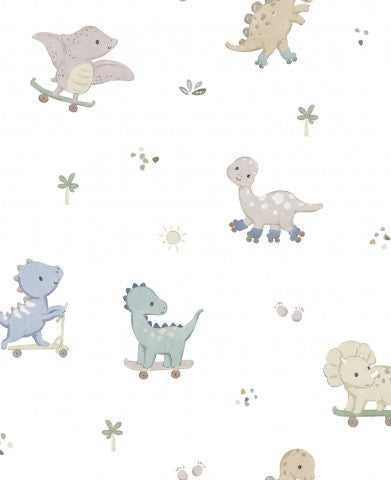 Wasserdichter Stoff Dinos On Wheels White 20x20cm