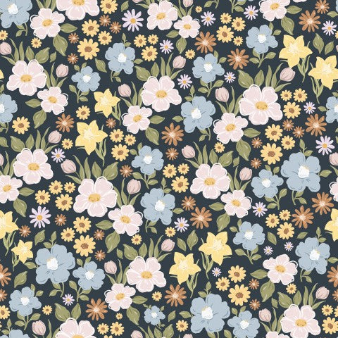  Raso di cotone con motivo floreale con fiori blu, gialli e bianchi