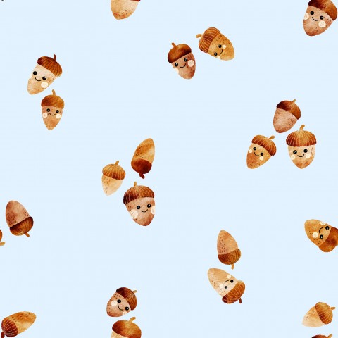 French Terry a pattern of acorns on a blue background