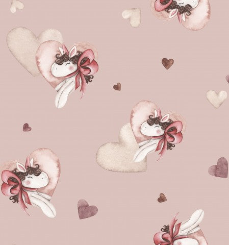  Cuori e fiori in raso di cotone su sfondo rosa