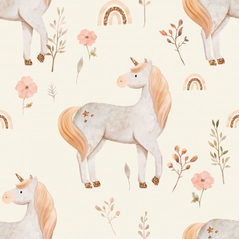 Jersey unicorns, rainbows and flowers ecru
